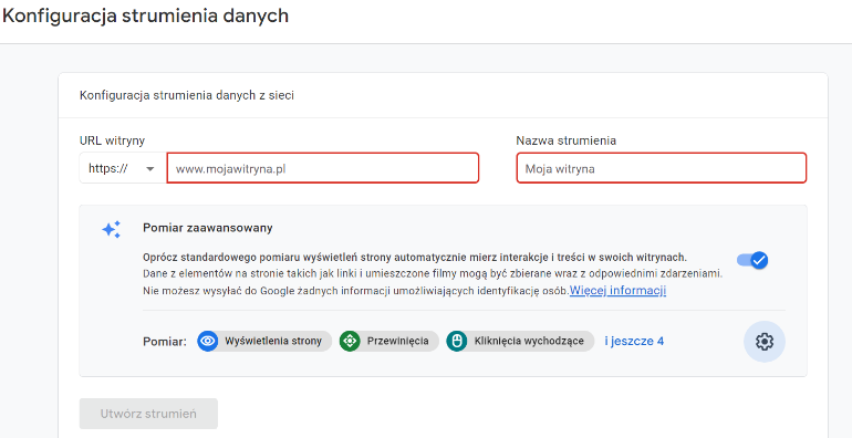konfiguracja strumienia danych