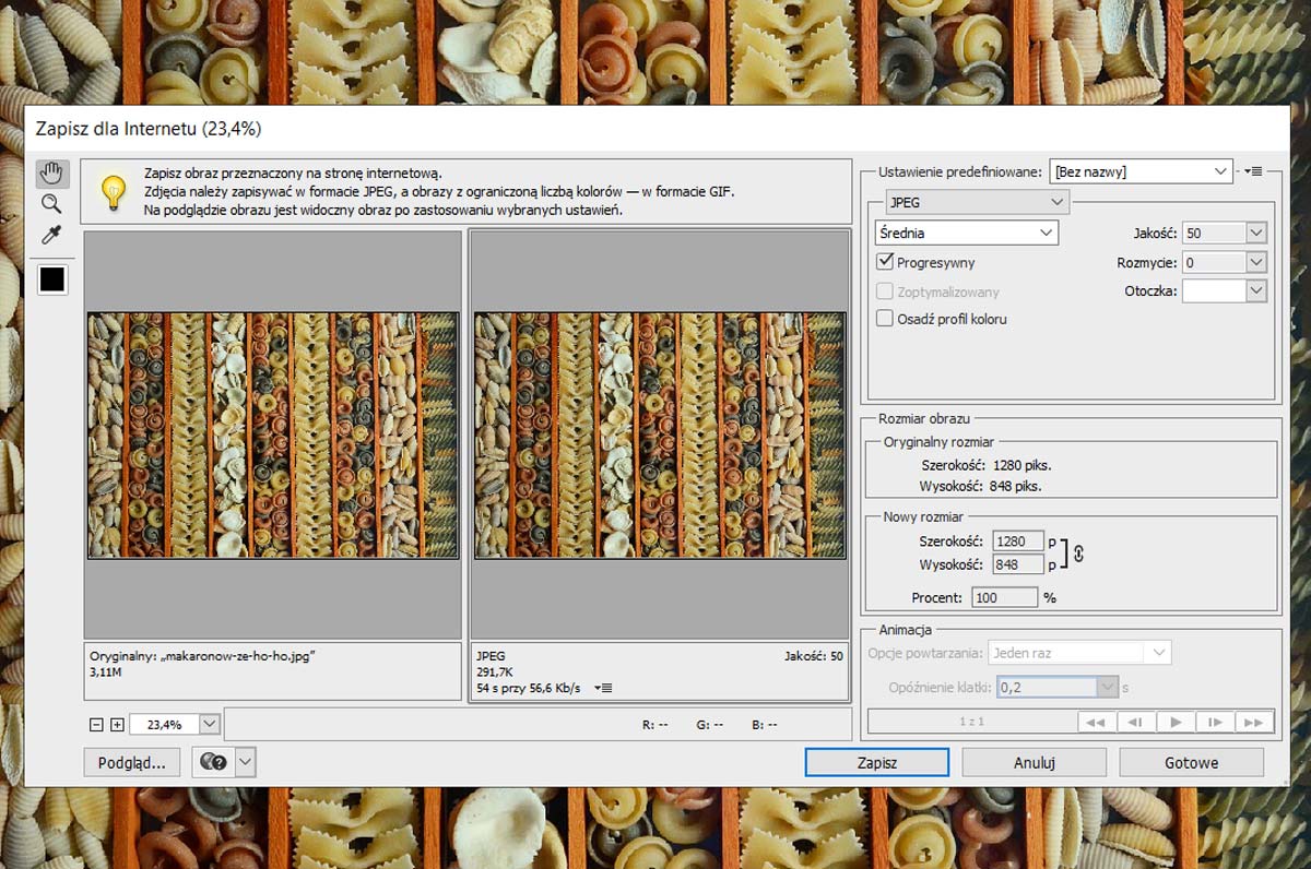 przykład zapisu zdjęcia dla internetu w programie adobe photoshop